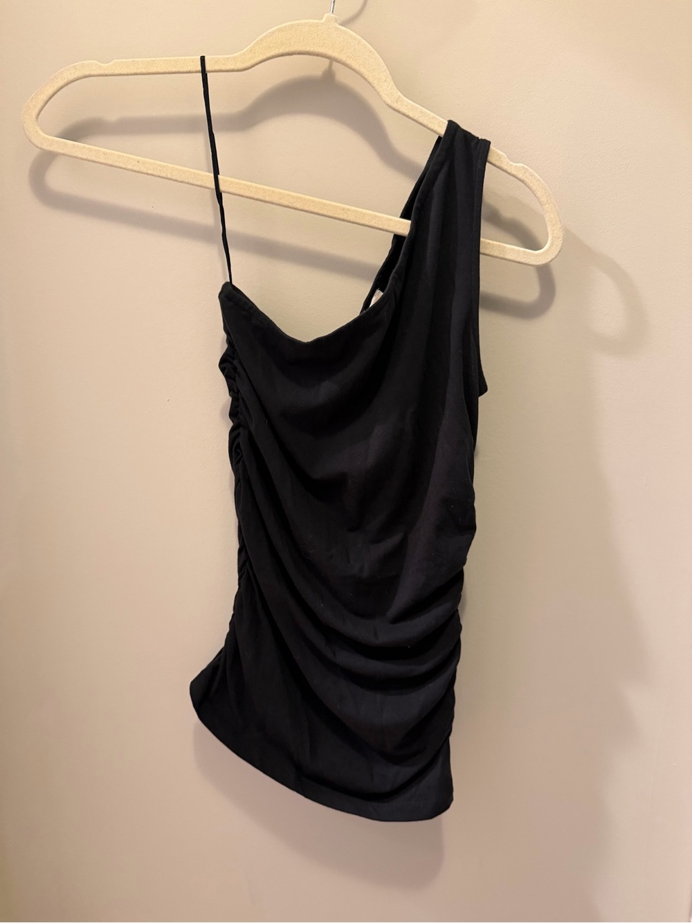 Michael Kors Black One-Shoulder Ruched Tank Top